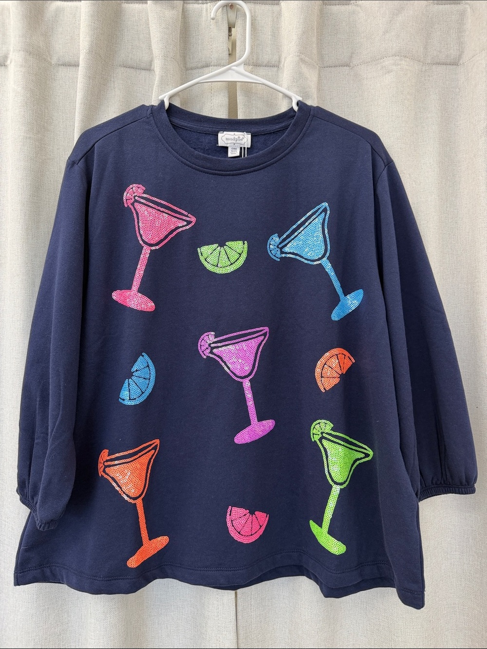 Brand NEW Mud Pie Navy Sweatshirt with Neon Cocktail / Lime Graphics! One size!